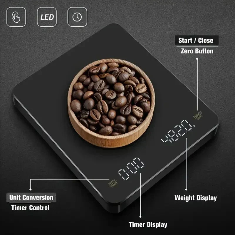 Digital Rechargable Coffee Scale with Timer LED Screen Espresso USB 3Kg Max.Weighing 0.1G High Precision Measures Kitchen Scale