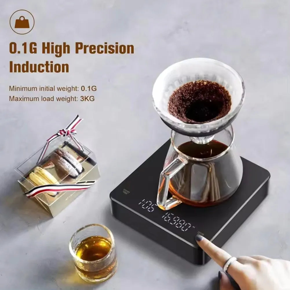 Digital Rechargable Coffee Scale with Timer LED Screen Espresso USB 3Kg Max.Weighing 0.1G High Precision Measures Kitchen Scale