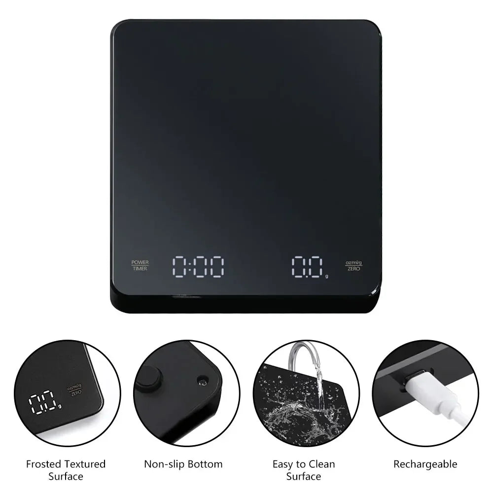 Digital Rechargable Coffee Scale with Timer LED Screen Espresso USB 3Kg Max.Weighing 0.1G High Precision Measures Kitchen Scale